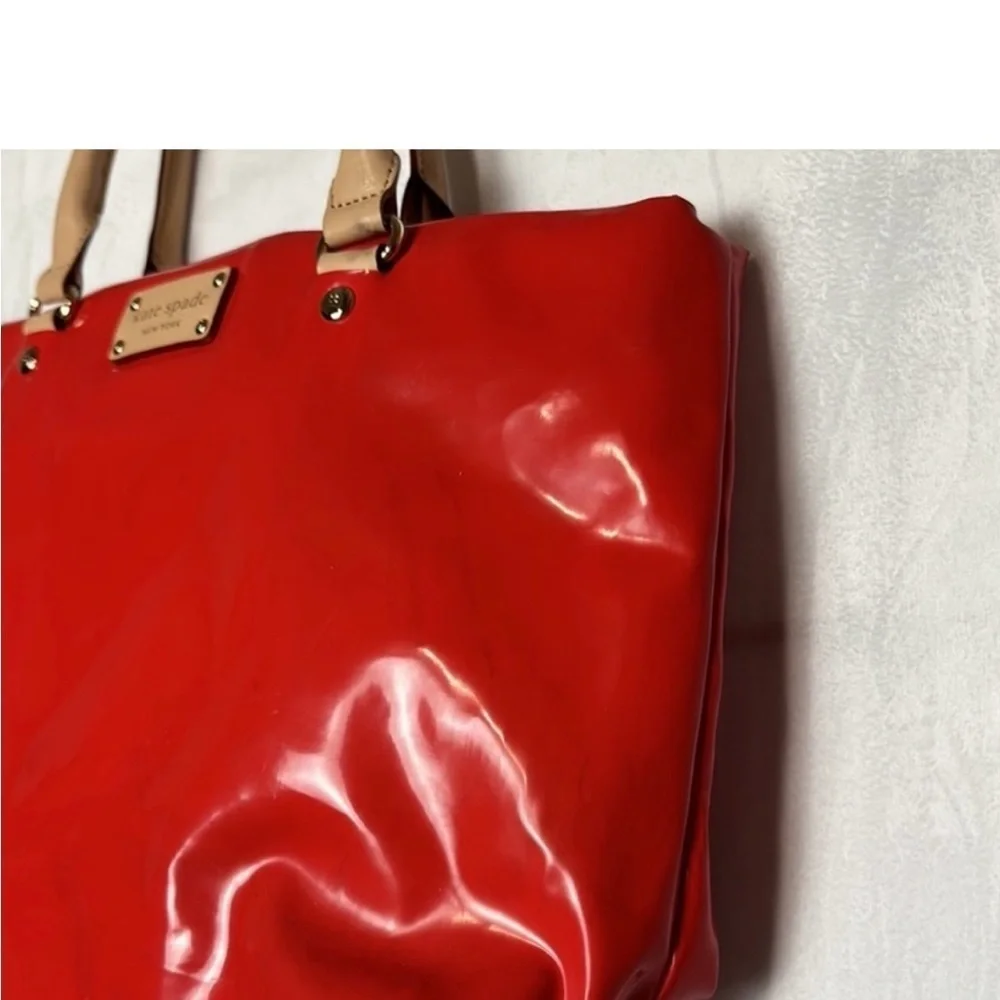 Kate Spade Fire Engine Red Patent Leather Tote Bag | Glossy Red Shoulder Bag - Picture 4 of 9
